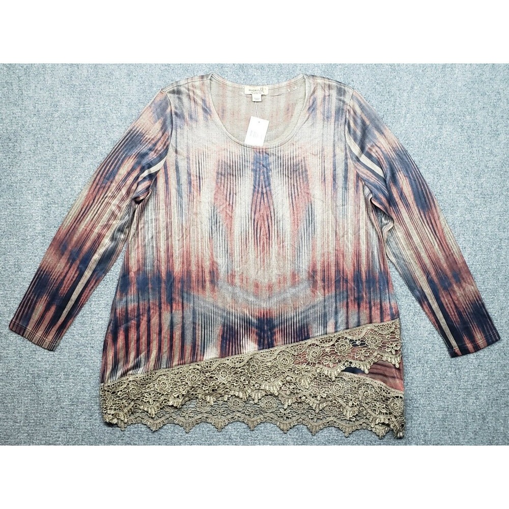 One World Live & Let Live Blouse Womens L Multicolor Print Lace Trim Top New